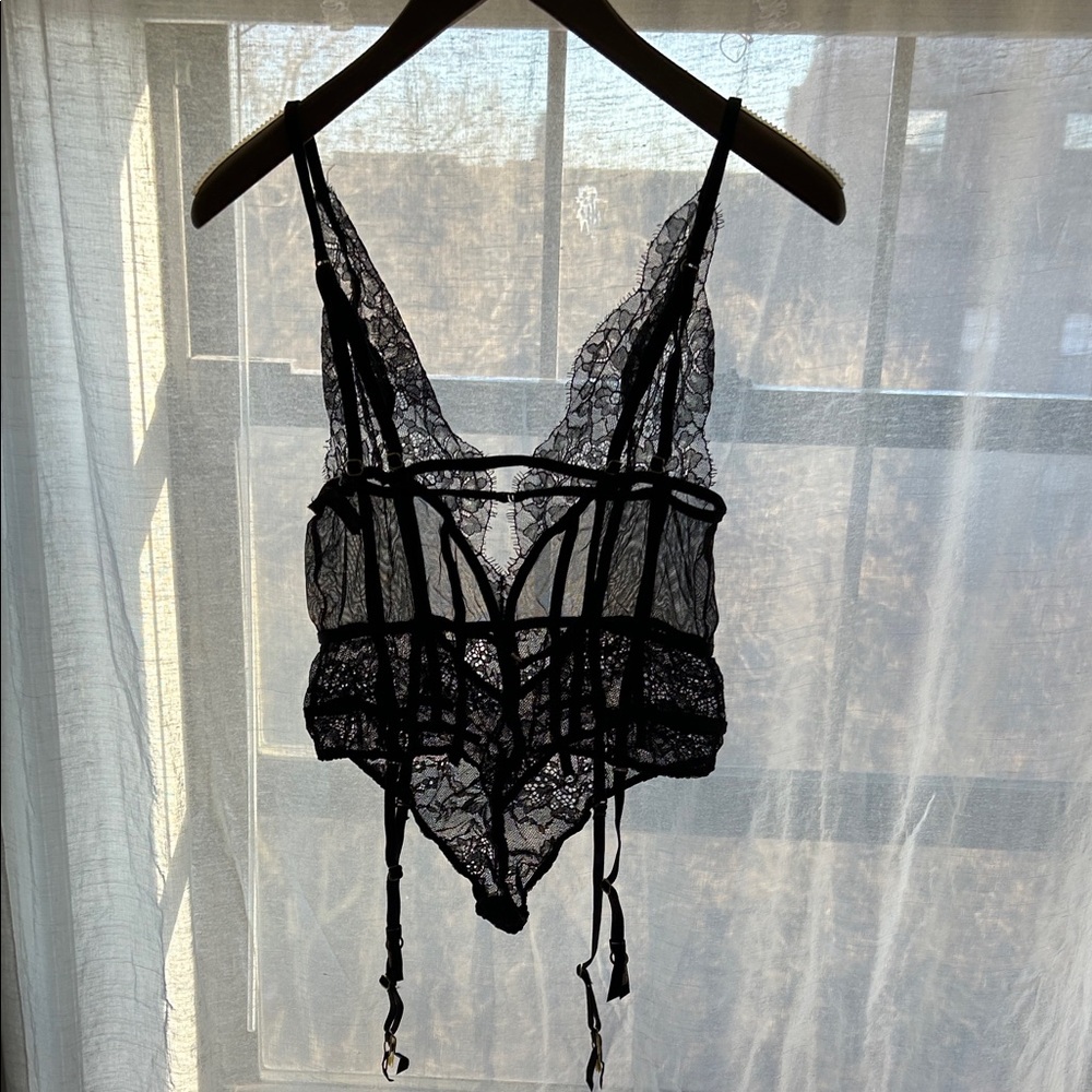 Sheer Black Lace Bodysuit with Garter Straps